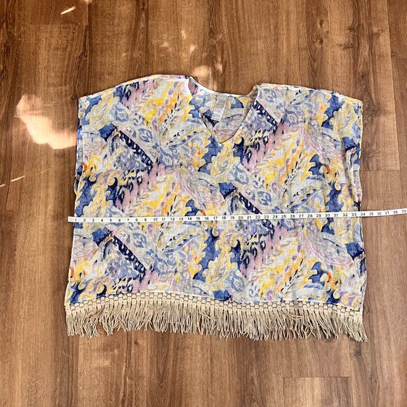 Chicos Linen Weave Poncho Cape Watercolor Paisley Crochet Fringe L/XL - Picture 11 of 13